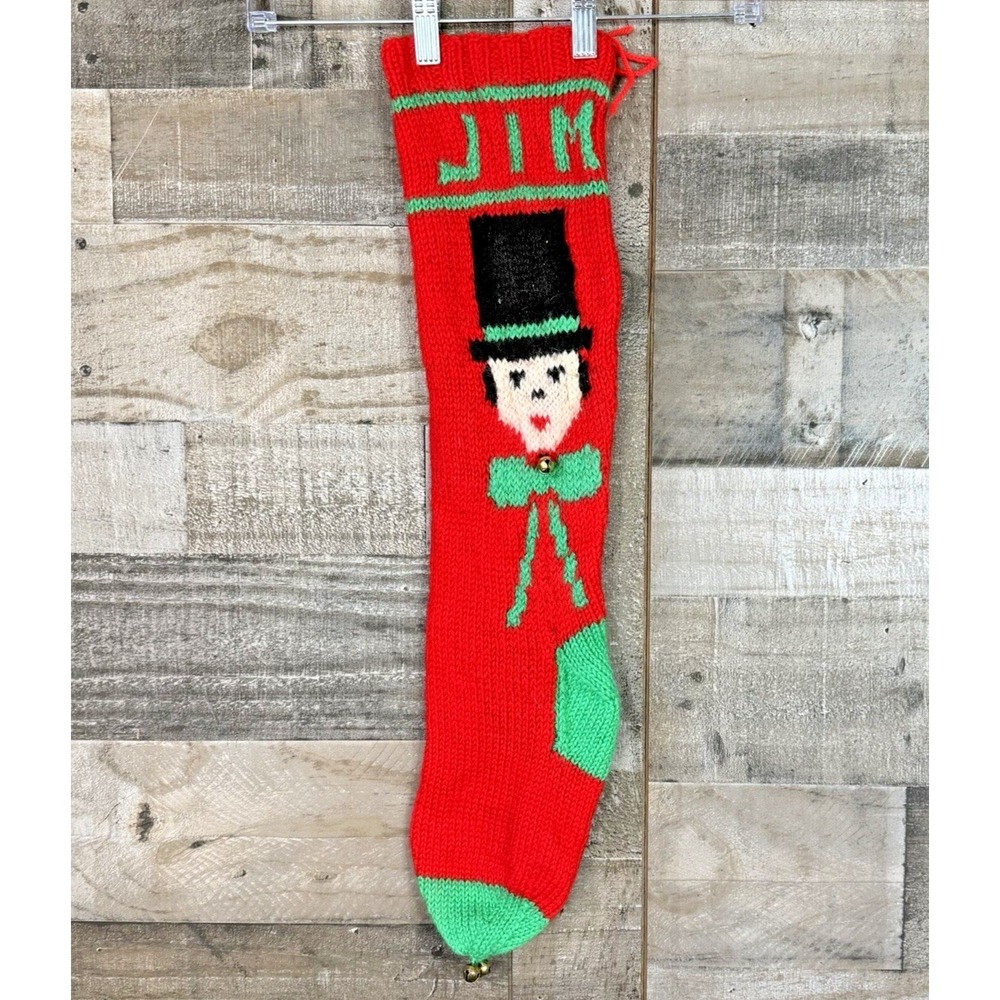 Vtg Jim Hand Knitted 26" Christmas Stocking Caroler Bellsโ Personalized Red